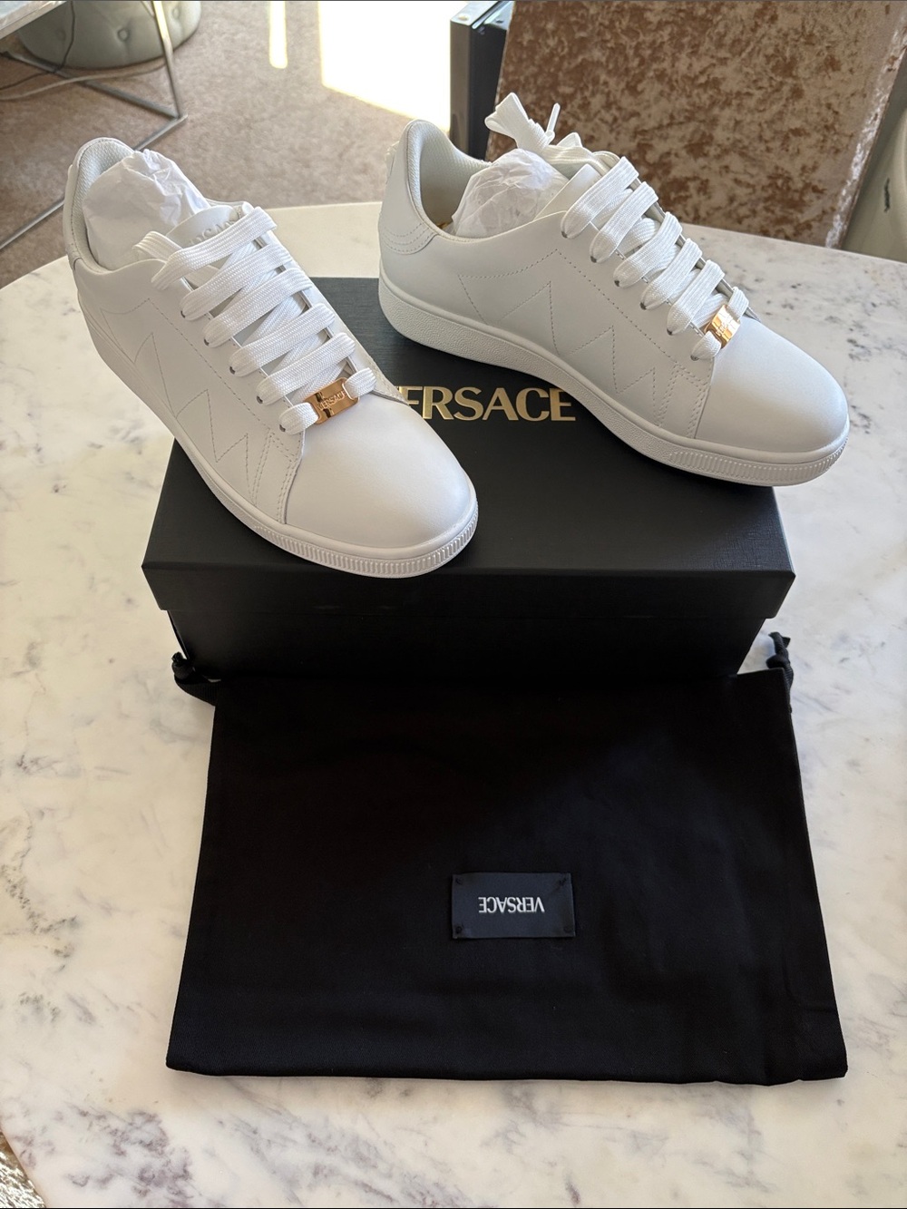 Versace White Leather Low-Top Sneakers with Gold Lace Accent